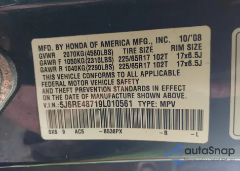 2009 Honda Cr-V Ex-L from USA, damaged, VIN 5J6RE48719L010561